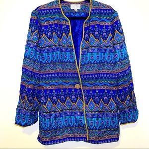 Vintage Adrianna Papell 100% Silk Floral Blue Geometric Jacket Blazer Size 14